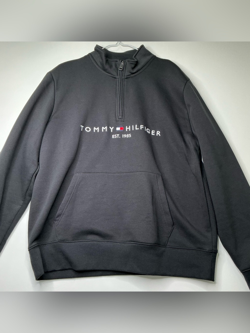 Tommy Hilfiger Mens Embroidered Sweatshirt XL Black Quarter Zip Preowned